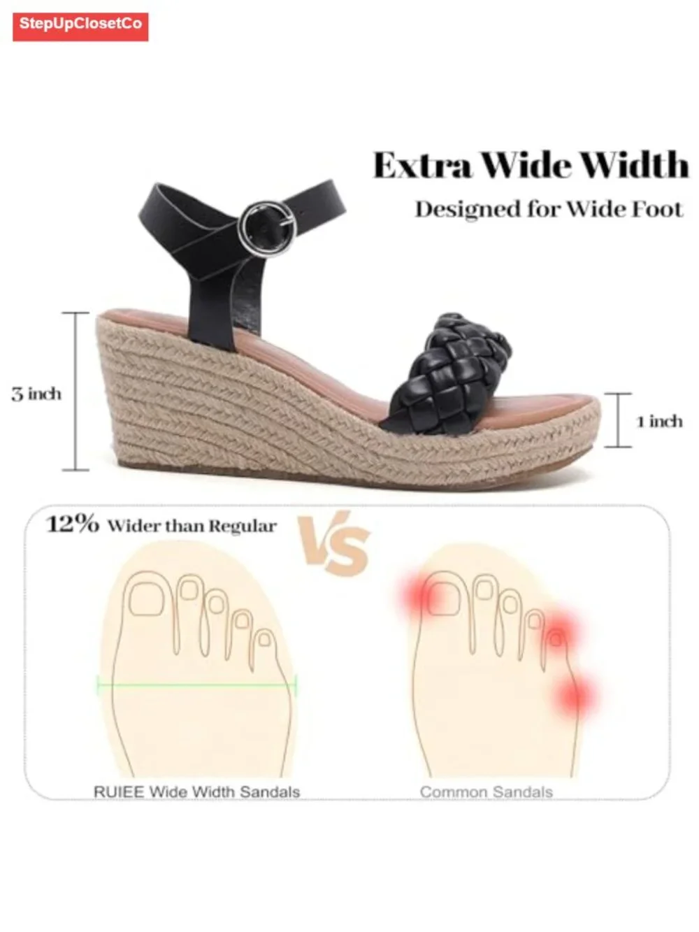 Wide Width Espadrille Wedge Sandals with Ankle Strap, Faux Leather
